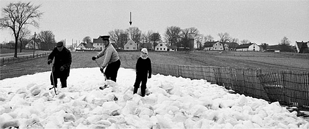 Billede fra 1963. Niverød med huset Mariehøj 2 (pilen) fra 1827, risikerer at forsvinde.