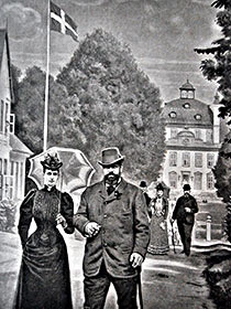  Illustration af borgerskab på spadseretur i slotsparken i 1800-tallet. Fra bogen "Fredensborg. Det danske Kongehus og dets slægt", udgivet i 1890'erne.